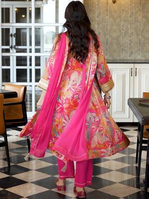 Floral Printed V-Neck Zari Anarkali Kurta & Trousers With Dupatta 4