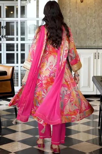 Floral Printed V-Neck Zari Anarkali Kurta & Trousers With Dupatta