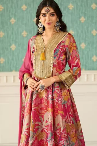 Floral Printed V-Neck Zari Anarkali Kurta & Trousers With Dupatta