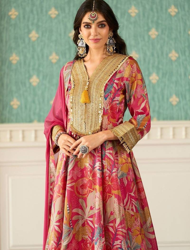 Floral Printed V-Neck Zari Anarkali Kurta & Trousers With Dupatta