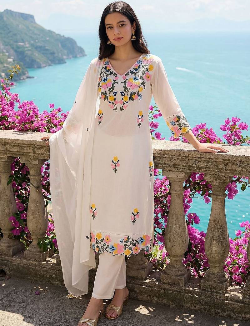 Women Floral Embroidered Regular Thread Work Pure Cotton Kurta with Trousers & With Dupatta