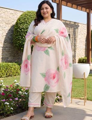 Plus Size Off White Printed Straight Kurta Trousers With Dupatta Set 1