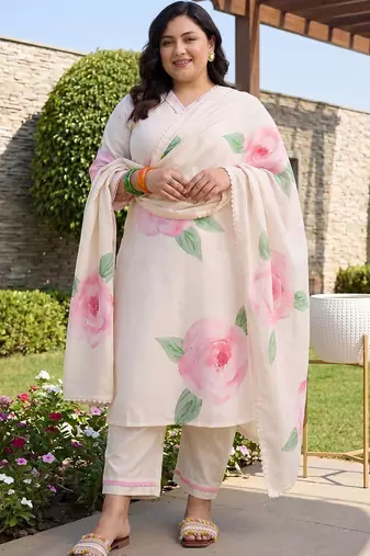 Plus Size Off White Printed Straight Kurta Trousers With Dupatta Set