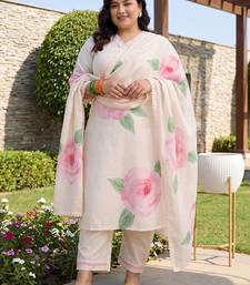 Plus Size Off White Printed Straight Kurta Trousers With Dupatta Set