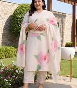 Plus Size Off White Printed Straight Kurta Trousers With Dupatta Set
