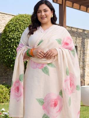 Plus Size Off White Printed Straight Kurta Trousers With Dupatta Set 2