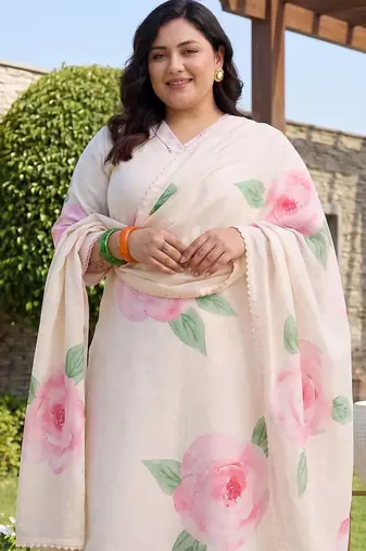 Plus Size Off White Printed Straight Kurta Trousers With Dupatta Set
