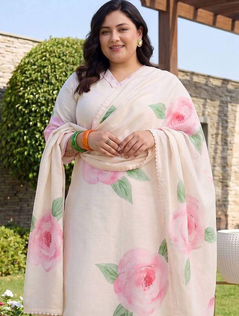 Plus Size Off White Printed Straight Kurta Trousers With Dupatta Set