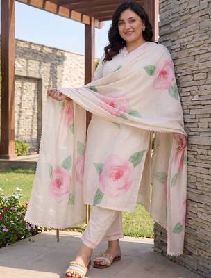 Plus Size Off White Printed Straight Kurta Trousers With Dupatta Set 3