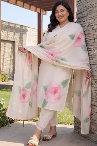 Plus Size Off White Printed Straight Kurta Trousers With Dupatta Set