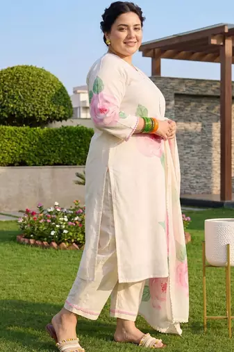 Plus Size Off White Printed Straight Kurta Trousers With Dupatta Set