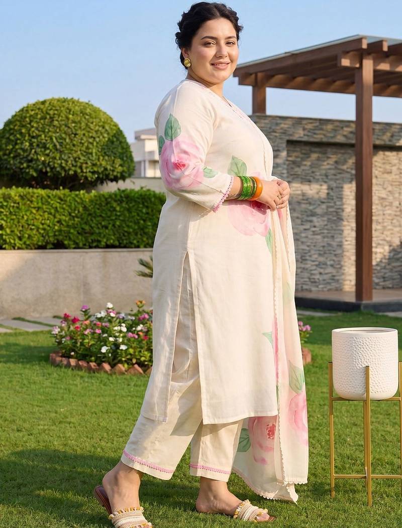 Plus Size Off White Printed Straight Kurta Trousers With Dupatta Set