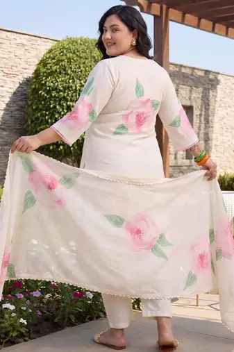 Plus Size Off White Printed Straight Kurta Trousers With Dupatta Set