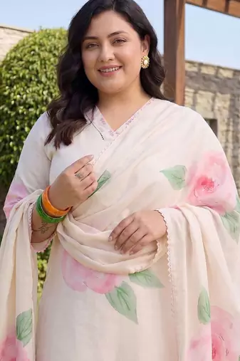 Plus Size Off White Printed Straight Kurta Trousers With Dupatta Set