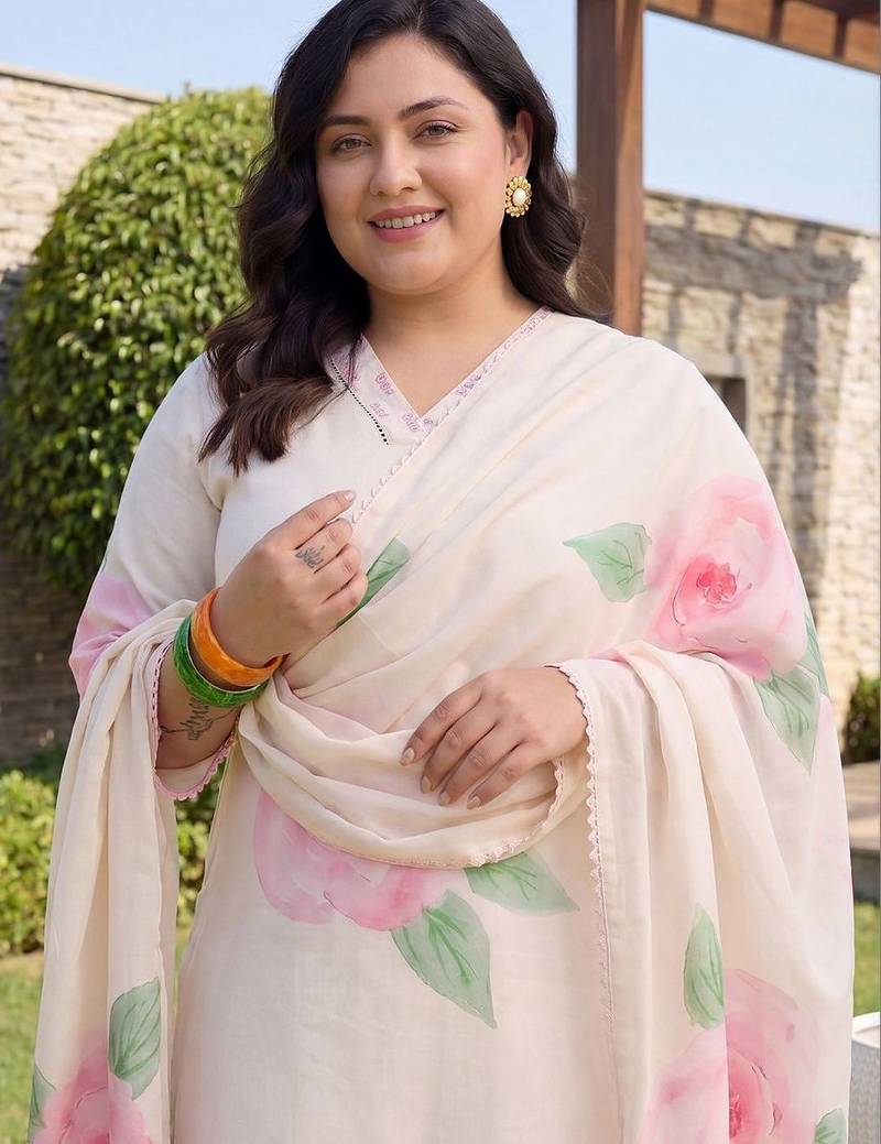 Plus Size Off White Printed Straight Kurta Trousers With Dupatta Set