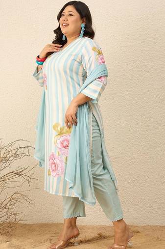 Plus Size Floral Printed Regular Kurta with Trousers & With Dupatta