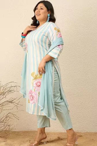 Plus Size Floral Printed Regular Kurta with Trousers & With Dupatta