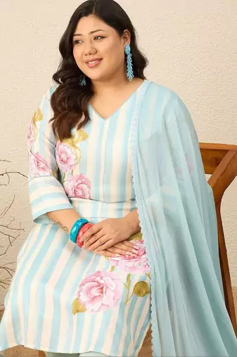 Plus Size Floral Printed Regular Kurta with Trousers & With Dupatta