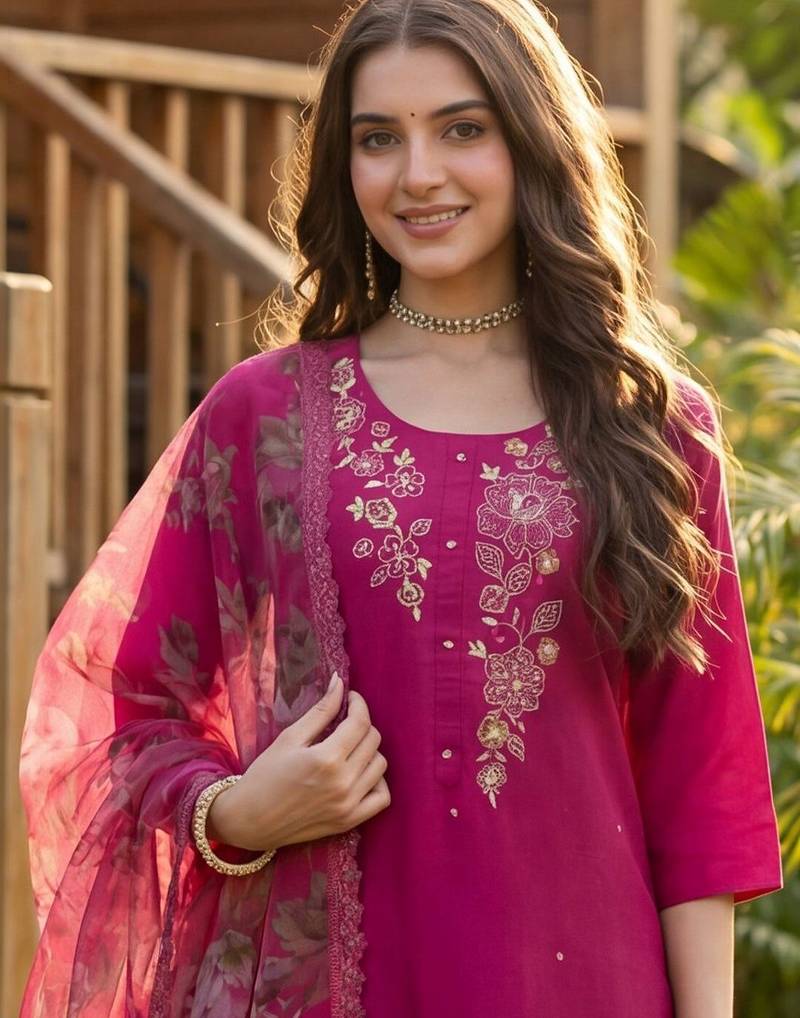 Women Floral Embroidered Regular Thread Work Liva Kurta with Trousers & With Dupatta