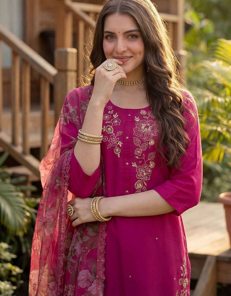 Women Floral Embroidered Regular Thread Work Liva Kurta with Trousers & With Dupatta
