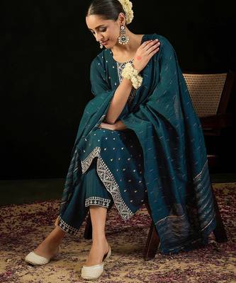 Round Neck Embroidered Sequinned Chanderi Silk Kurta with Trouser & Dupatta 1
