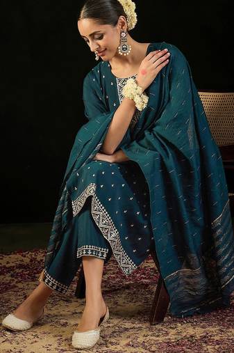 Round Neck Embroidered Sequinned Chanderi Silk Kurta with Trouser & Dupatta