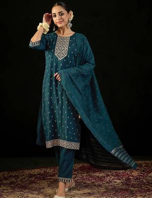 Round Neck Embroidered Sequinned Chanderi Silk Kurta with Trouser & Dupatta 2