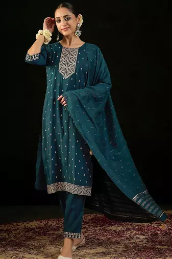 Round Neck Embroidered Sequinned Chanderi Silk Kurta with Trouser & Dupatta