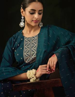 Round Neck Embroidered Sequinned Chanderi Silk Kurta with Trouser & Dupatta 3