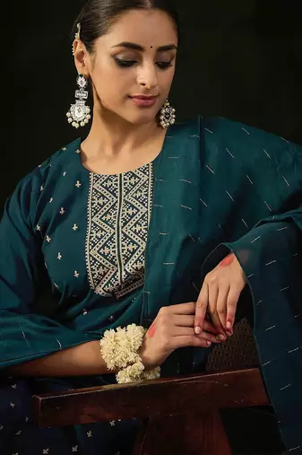 Round Neck Embroidered Sequinned Chanderi Silk Kurta with Trouser & Dupatta