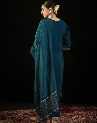 Round Neck Embroidered Sequinned Chanderi Silk Kurta with Trouser & Dupatta 6