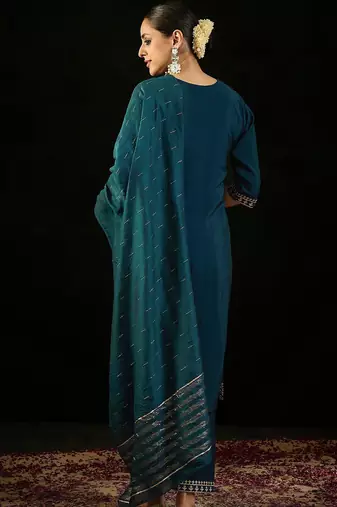 Round Neck Embroidered Sequinned Chanderi Silk Kurta with Trouser & Dupatta