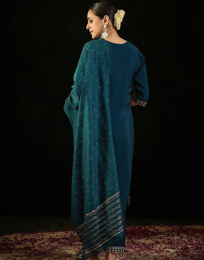 Round Neck Embroidered Sequinned Chanderi Silk Kurta with Trouser & Dupatta