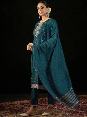 Round Neck Embroidered Sequinned Chanderi Silk Kurta with Trouser & Dupatta 7