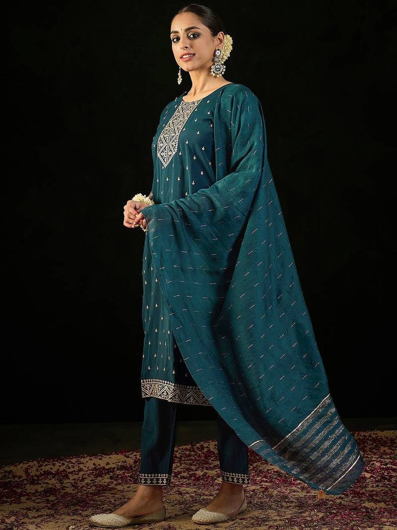 Round Neck Embroidered Sequinned Chanderi Silk Kurta with Trouser & Dupatta