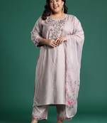 Plus Size Embroidered Regular Round Neck Kurta with Trousers & Dupatta