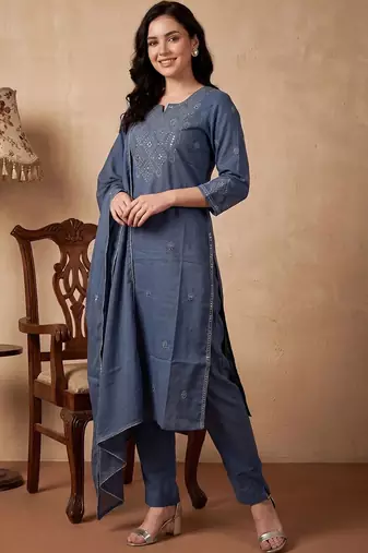 Women Ethnic Motifs Embroidered Regular Mirror Work Pure Cotton Kurta with Trousers & With Dupatta