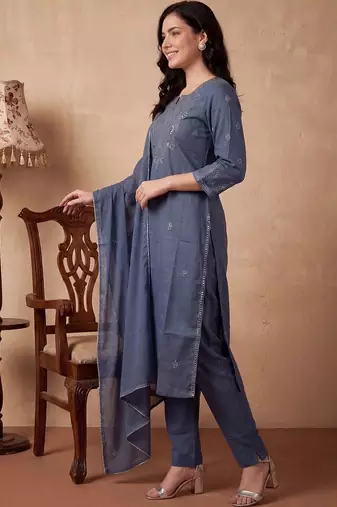 Women Ethnic Motifs Embroidered Regular Mirror Work Pure Cotton Kurta with Trousers & With Dupatta