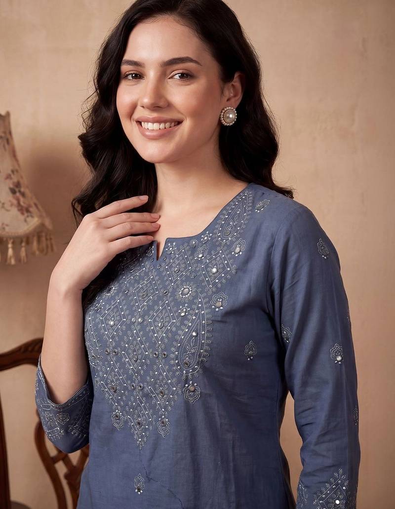 Women Ethnic Motifs Embroidered Regular Mirror Work Pure Cotton Kurta with Trousers & With Dupatta