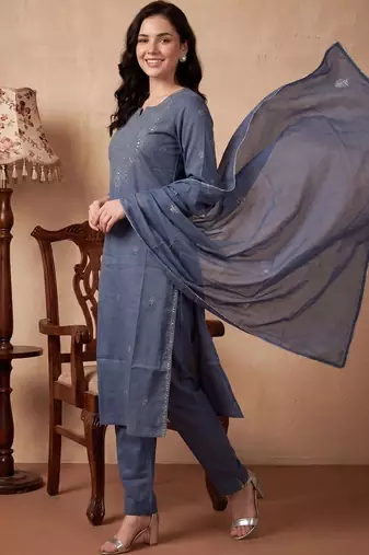 Women Ethnic Motifs Embroidered Regular Mirror Work Pure Cotton Kurta with Trousers & With Dupatta