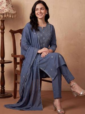 Women Ethnic Motifs Embroidered Regular Mirror Work Pure Cotton Kurta with Trousers & With Dupatta 6