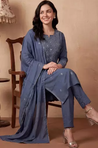 Women Ethnic Motifs Embroidered Regular Mirror Work Pure Cotton Kurta with Trousers & With Dupatta