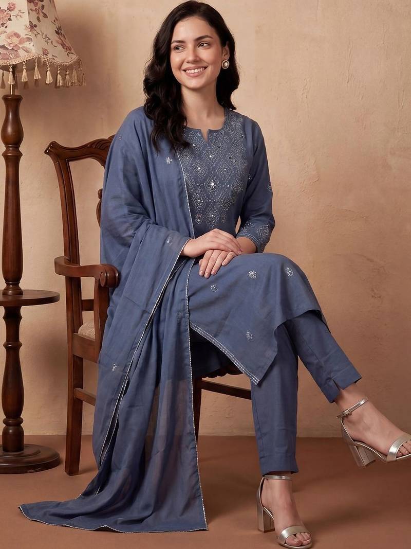 Women Ethnic Motifs Embroidered Regular Mirror Work Pure Cotton Kurta with Trousers & With Dupatta