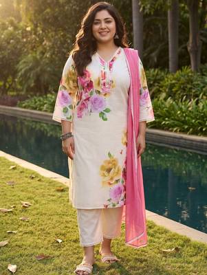 Plus Size Off White Printed Straight Linen Kurta Trousers With Dupatta Set 1