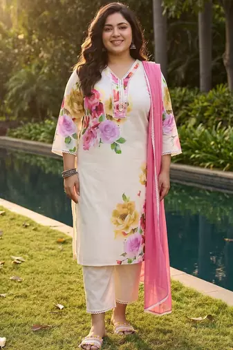 Plus Size Off White Printed Straight Linen Kurta Trousers With Dupatta Set