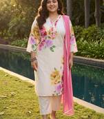Plus Size Off White Printed Straight Linen Kurta Trousers With Dupatta Set