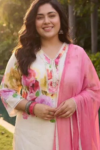 Plus Size Off White Printed Straight Linen Kurta Trousers With Dupatta Set
