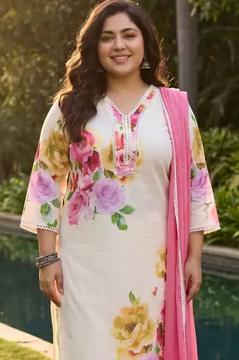Plus Size Off White Printed Straight Linen Kurta Trousers With Dupatta Set