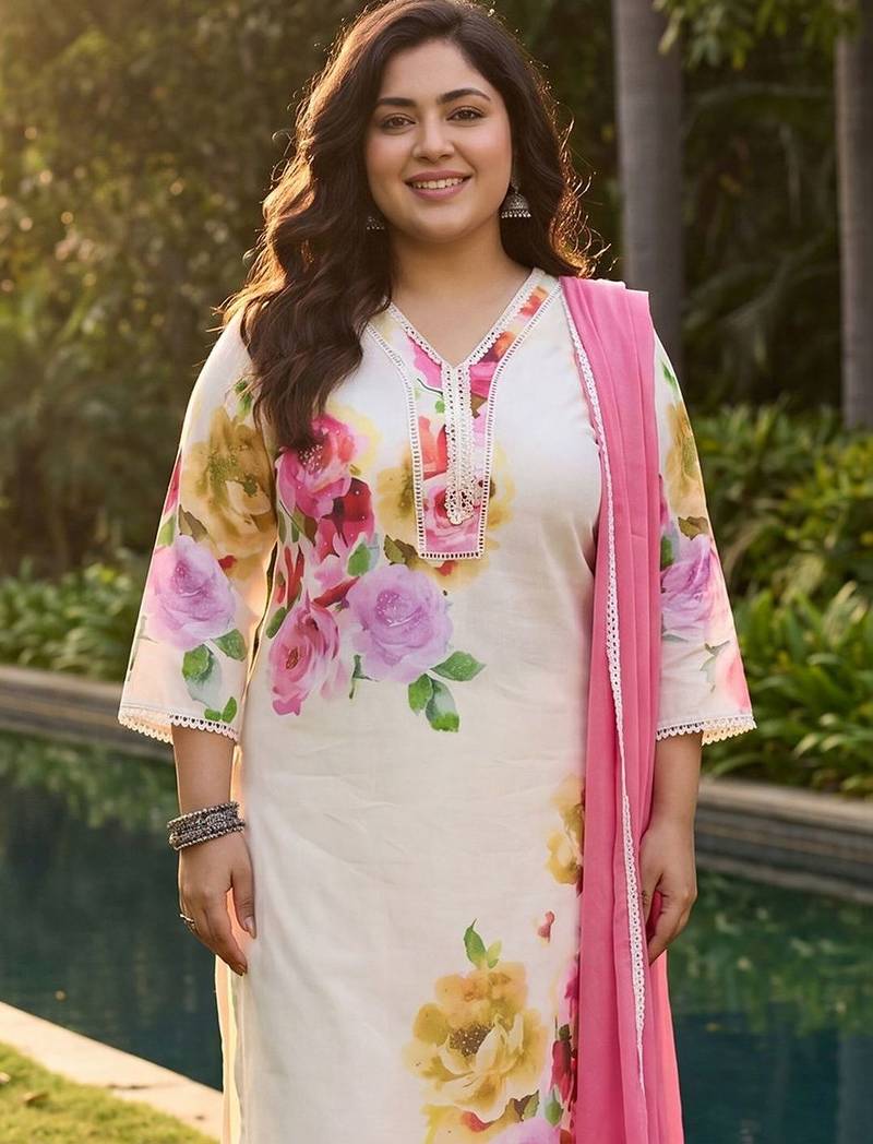 Plus Size Off White Printed Straight Linen Kurta Trousers With Dupatta Set