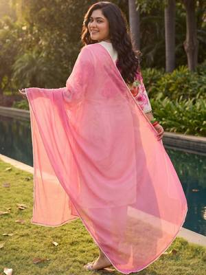 Plus Size Off White Printed Straight Linen Kurta Trousers With Dupatta Set 5